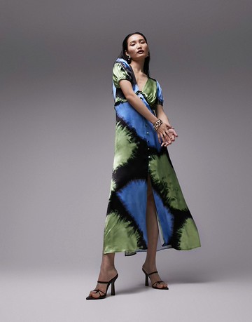 Topshop v neck flutter sleeve printed maxi dress with in blue and green-Multi