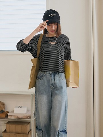 真兩件橫條紋挖空背心短版上衣