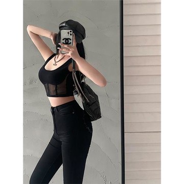 YoungGirlDay辣妹性感修身顯瘦網紗拼接短款露臍無袖打底吊帶背心