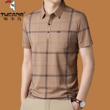 啄木鳥冰絲T恤男短袖條紋桑蠶絲有口袋翻領POLO衫格子寬松爸爸裝t