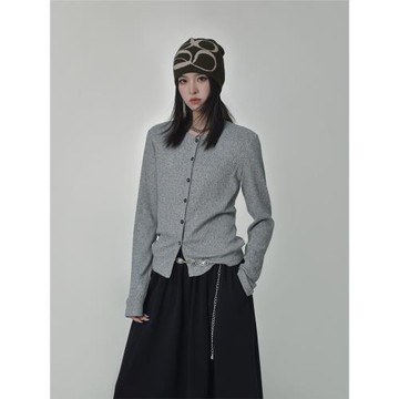 SIXI四喜家春季 復古千禧風肌理紋花灰色開衫女短款長袖打底衫