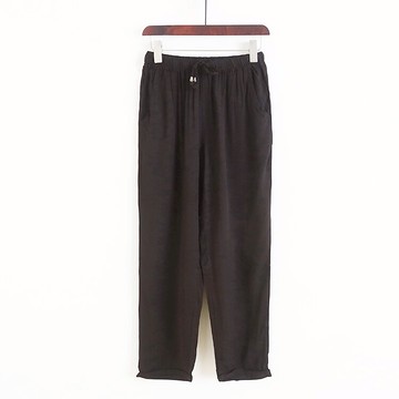 夏季松緊腰九分褲 女新款人棉松緊腰哈倫褲系帶薄款休閑褲子O/4-4