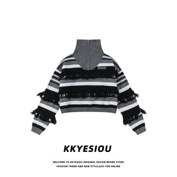 KKyesiou辣妹潮牌條紋立領拉鏈短款衛衣女設計感美式街頭針織毛衣