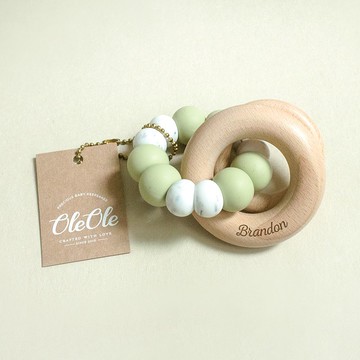 客製化刻名寶寶手搖鈴 固齒器 天然櫸木 牙膠 嬰兒玩具 彌月禮盒