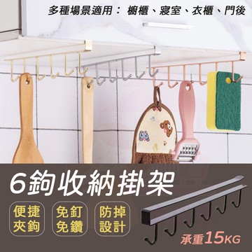 【現貨免運】鐵藝6鉤收納掛架 免釘免鑽多功能掛架 多功能排鉤 衣櫃整理架 廚房掛鉤 櫥櫃 收納掛架 整理架 掛衣架