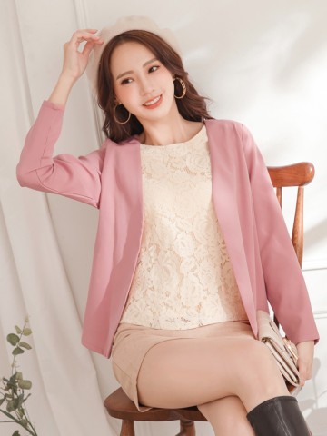 假兩件蕾絲雕花拼接西裝外套純色長袖上衣