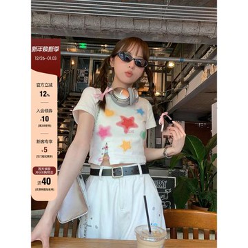 【現貨】CCKOK夏季日系可愛甜美彩色星星印花學生短款短袖T恤女潮