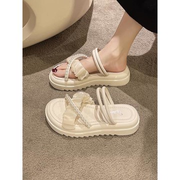 珍珠涼鞋女2025新款網紗仙女風配裙子厚底外穿網紅小香風涼拖鞋潮