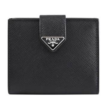 PRADA 2MO004 金屬三角LOGO扣飾防刮皮革短夾.黑