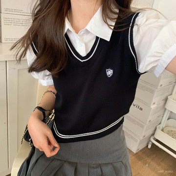 P3-【限時特賣】 襯衫女 女生襯衫 短袖襯衫 短袖上衣 韓版襯衫 學院風針織馬甲假兩件襯衫女Polo領泡泡袖拚接短袖上