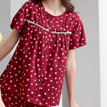 華歌爾睡衣-仕女系列 M-LL印花全開襟褲裝(寶磚紅) LWZ85851RD