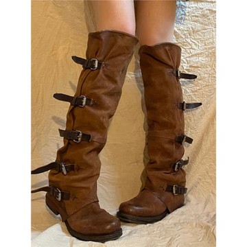 棕色中古靴排扣西部牛仔靴女粗跟高筒騎士靴復古不過膝堆堆長靴子