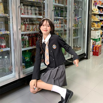 SINGSONG西裝外套女春夏黑色英倫風jk小西服套裝高腰百褶裙兩件套