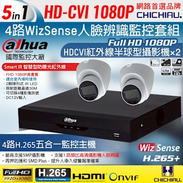 CHICHIAU Dahua大華 H.265 5MP 4路CVI 1080P數位遠端監控套組(含200萬紅外線半球型攝影機x2)