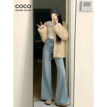 美式淺藍高腰牛仔褲女春夏2025年新款不貼腿寬松顯瘦喇叭闊腿褲子
