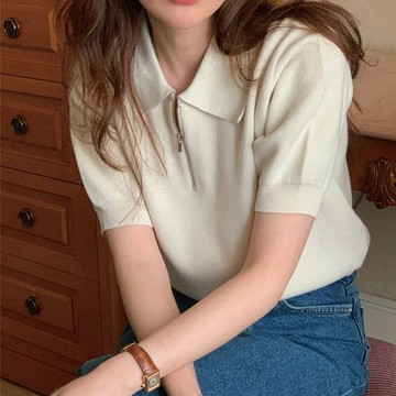 polo領針織衫短袖t卹女  2026夏薄款拉鍊翻領ins潮韓版別緻洋氣短款上衣j