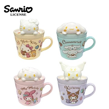 【日本正版】三麗鷗 拉花造型 陶瓷 馬克杯 附蓋子 280ml 咖啡杯 凱蒂貓 大耳狗 美樂蒂 酷洛米