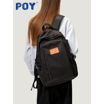 POY® 大容量背包男電腦版女雙肩包黑色大學生書包黑色潮款旅行包