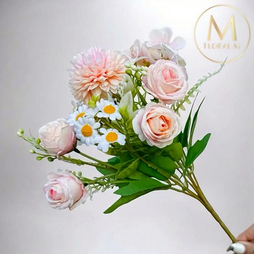 快速出貨🌷家居造景【Floral M】法式小花園玫瑰洋甘菊粉色花束仿真花花材（1入組）