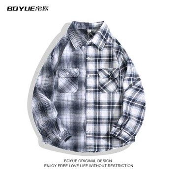 BOYUE帛躍港風刺繡拼接格子襯衫休閑春秋痞帥oversize潮外套男女