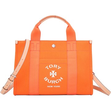 TORY BURCH Tory 小款 印花標誌帆布手提/肩背托特包(亮橘)
