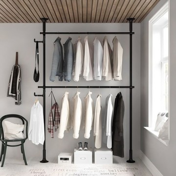 Liwoo 頂天立地衣架 2層 + 多功能掛勾  黑色  80~140 x 218~244cm