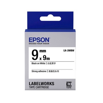 EPSON 高黏性 9mmx9M 白底黑字標籤帶 / 盒 LK-3WBW｜領券最高折$220