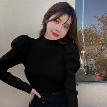 高領針織打底衫女秋冬內搭洋氣修身高級感法式泡泡袖上衣白色毛衣