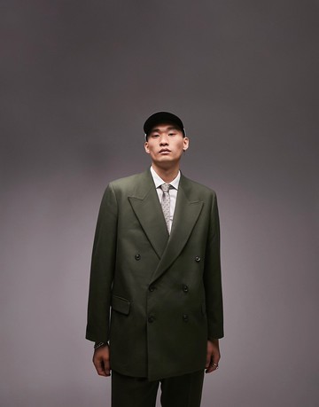 Topman double breasted six button oversized boxy warmhandle suit jacket in khaki-Green