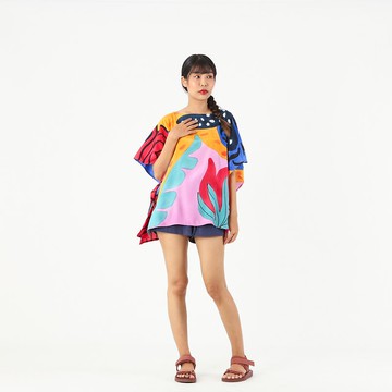 Poncho Blouse Cotton Silk Hand Painted for Summer resort