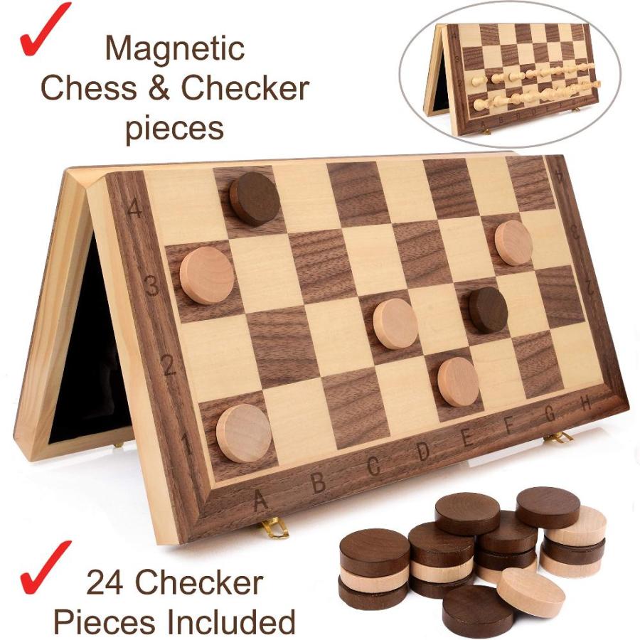 マグネット式木製チェスチェッカーセット 子供と大人用 15インチ Stauntonチェスセット 旅行ポータブル折りたたみ式チェスボードゲームセット 木
