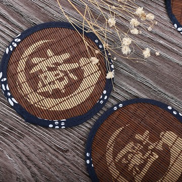 KENS 禪意藍花布茶杯墊 青花瓷麻布包布竹席隔熱茶墊 茶具配件