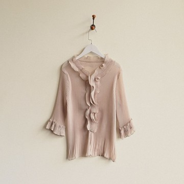 【NaSuBi Vintage】荷葉綴飾壓褶紗質古著上衣