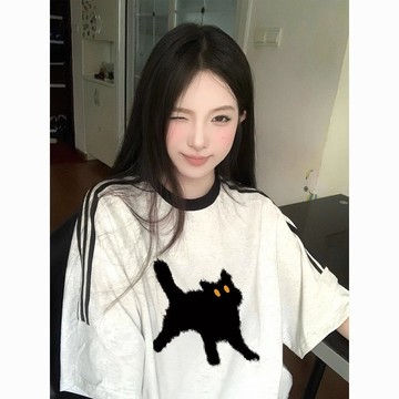 短袖女 美式純棉短袖女 上衣女 衣服 女裝純棉美式復古三條槓插短袖寬鬆夏季港味chic半袖上衣ins10/17