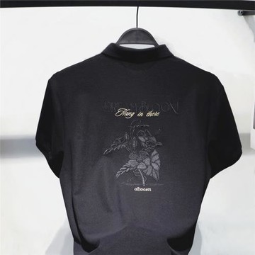 男夏季新款時尚休閑重工花卉刺繡潮流修身短袖POLO衫