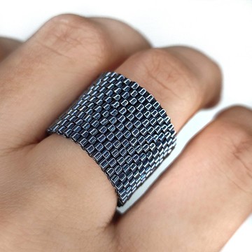 美麗的縞瑪瑙串珠戒指 手工寬版彈性戒指 彈力珠戒指