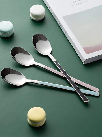 高顏值韓式食品級不銹鋼湯勺家用好看勺子兒童飯勺長柄