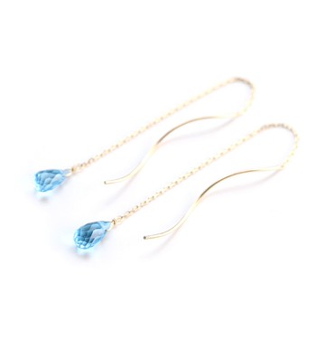 十一月生日石 K10 單顆瑞士藍托帕石 (briolette cut) 美式耳针~ MONTBRETIA ~