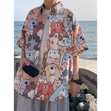 2024夏季新款短袖襯衫男卡通情侶沙灘雪紡海灘痞帥寬松襯衣夏威夷