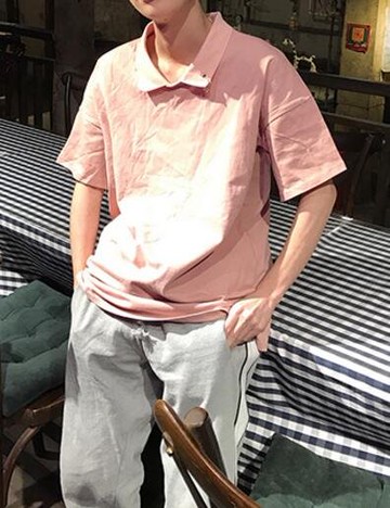 FINDSENSE品牌 時尚潮流 男 簡約 圓環 寬鬆 POLO襯衫 短袖T恤上衣 短袖襯衫