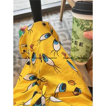 YINXIAOJIE自制 卡通口袋黃色鴨子印花純棉舒適家居褲睡褲可外穿