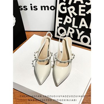 米白色高跟涼鞋女2025春新款法式水鉆一字帶絕美尖頭防水臺高跟鞋