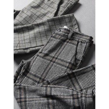 老李自留！ 日系男士秋冬新款加厚復古格紋毛呢褲格子休閑長褲 潮