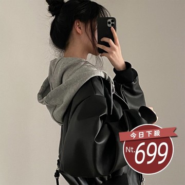 【台灣發貨】韓版小眾拉鍊寬鬆假兩件連帽皮衣外套 外套 防曬外套 女裝 上衣 衣服【J375】