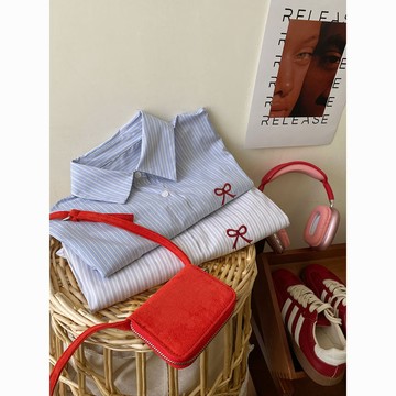 【 𝑭𝒍𝒐𝒘𝒆𝒓𝒔𝒆𝒂】復古蝴蝶結刺繡 條紋襯衫 休閒 寬鬆 長袖上衣 外套女 襯衫女 外套 罩衫 長袖襯衫 襯衣 防曬