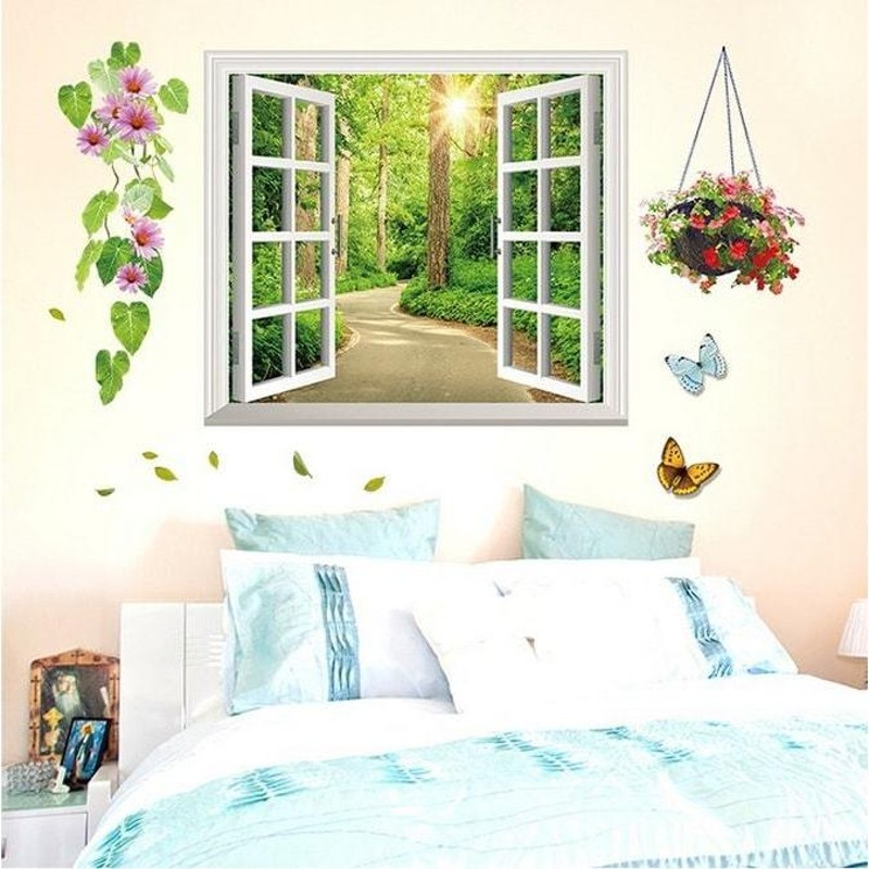 【SALE／55%OFF】 ウォールステッカー 癒しの3D窓 C201 騙し絵 窓＋花 森抜け道 絵画