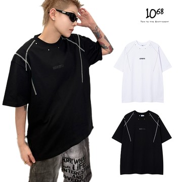 『1068』鉚釘裝飾 梭哈線設計 短袖 T恤 寬鬆 剪裁 街頭 拼接 UNISEX【A91676】