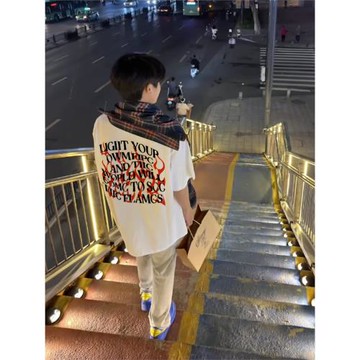 美式潮牌火焰字母短袖t恤男生夏季新款潮流oversize寬松純棉上衣