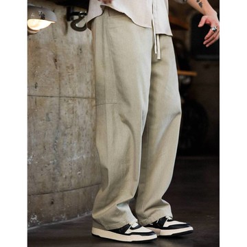 Wuluwear 美式復古微彎刀重磅工裝褲男捏褶抽繩直筒運動休閒長褲