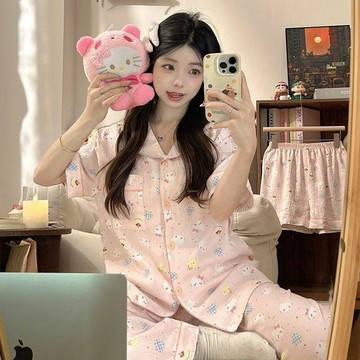 【超優惠喲】純棉ins日式可愛睡衣女春秋季寬鬆舒適短袖短褲長褲家居服套裝